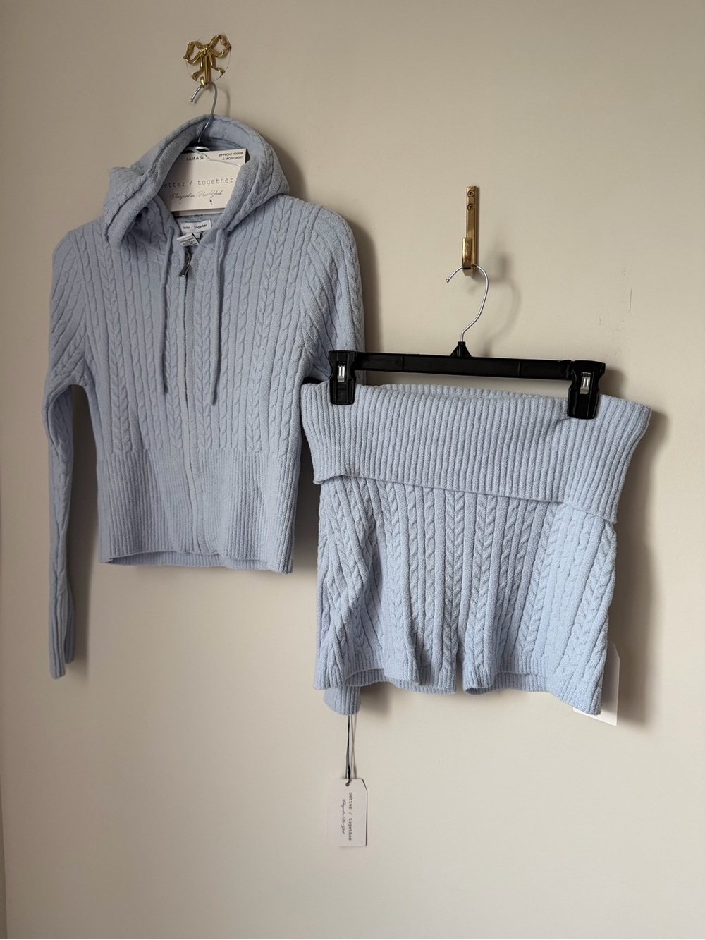 Light blue Cable-Knit zip up Hoodie & Shorts two piece Set